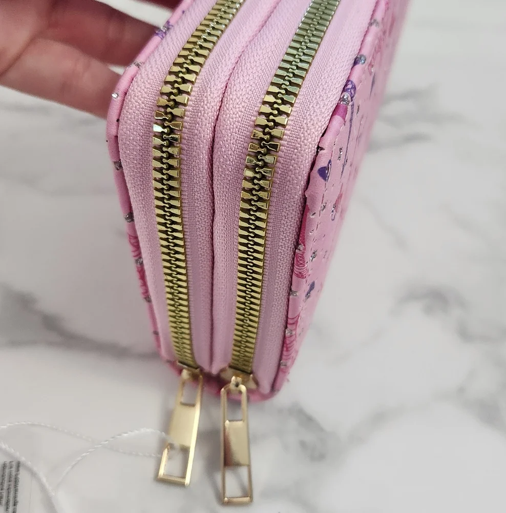 Pink Blush Kiss Glitter Paris Eiffel Tower Print Two Zipper Women's Wallet - Picture 5 of 14